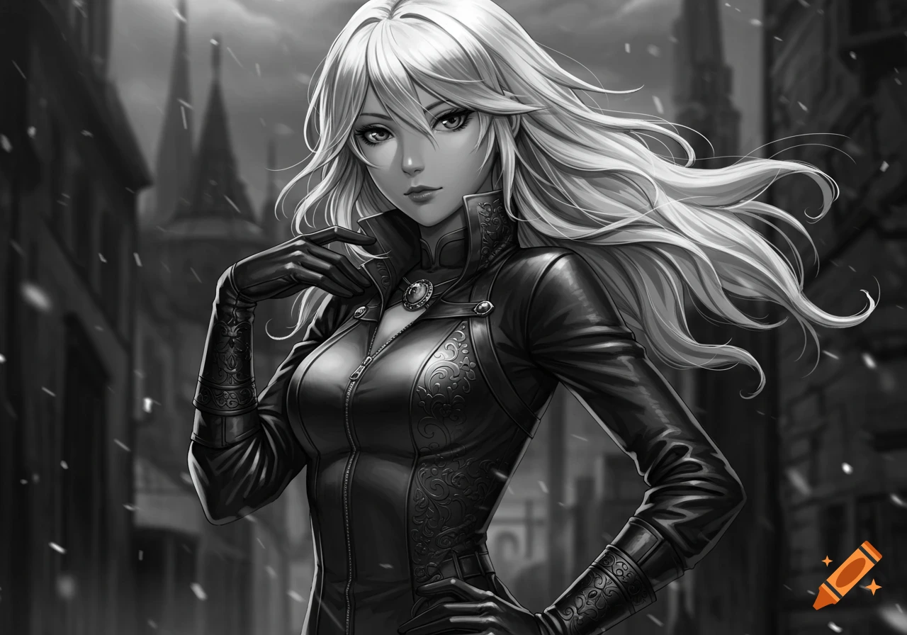 Black and white anime illustration of a blond-haired woman in a dark, patterned leather outfit, standing in a city street.