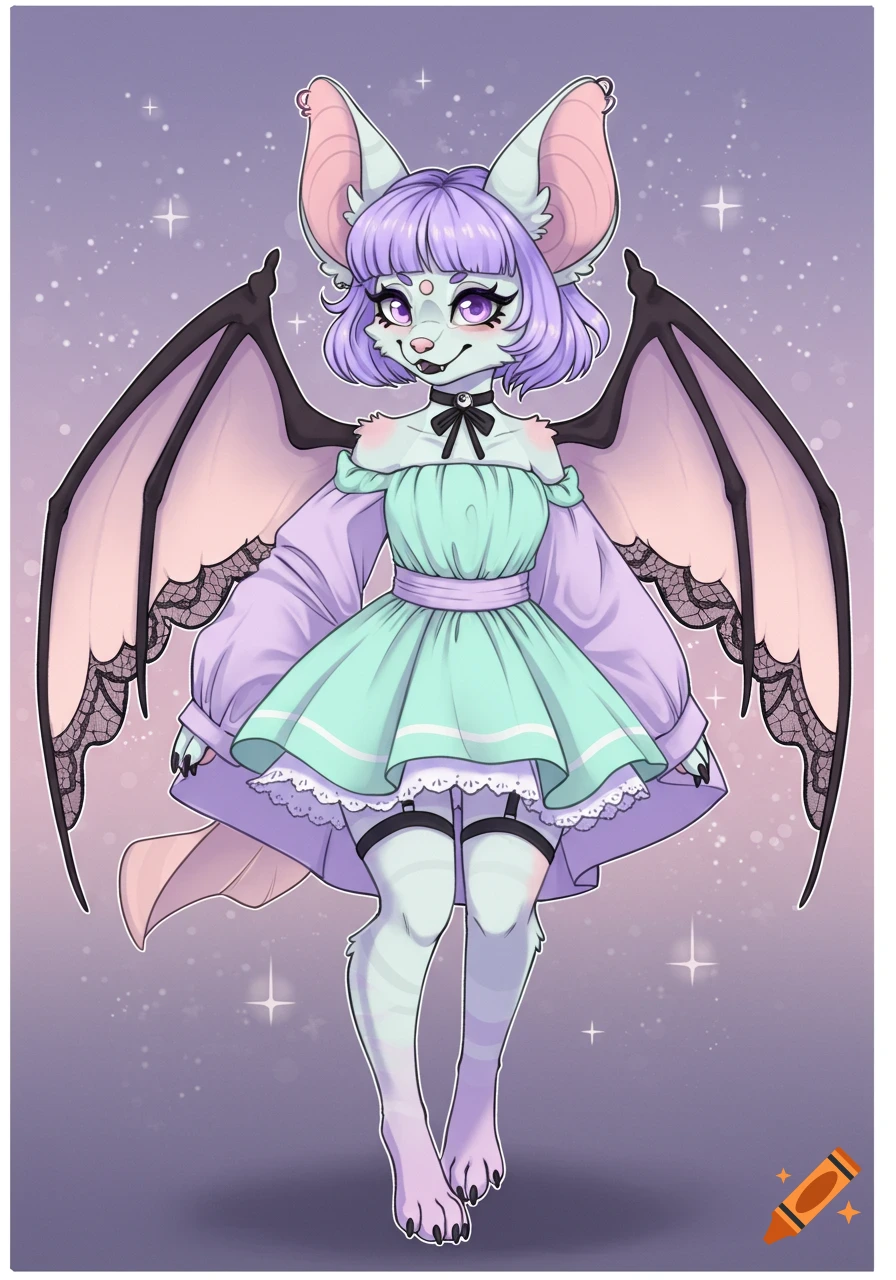 An anthropomorphic pastel goth bat furry with purple hair and large ears, wearing a mint green and lavender dress with lace wings, against a starry background.
