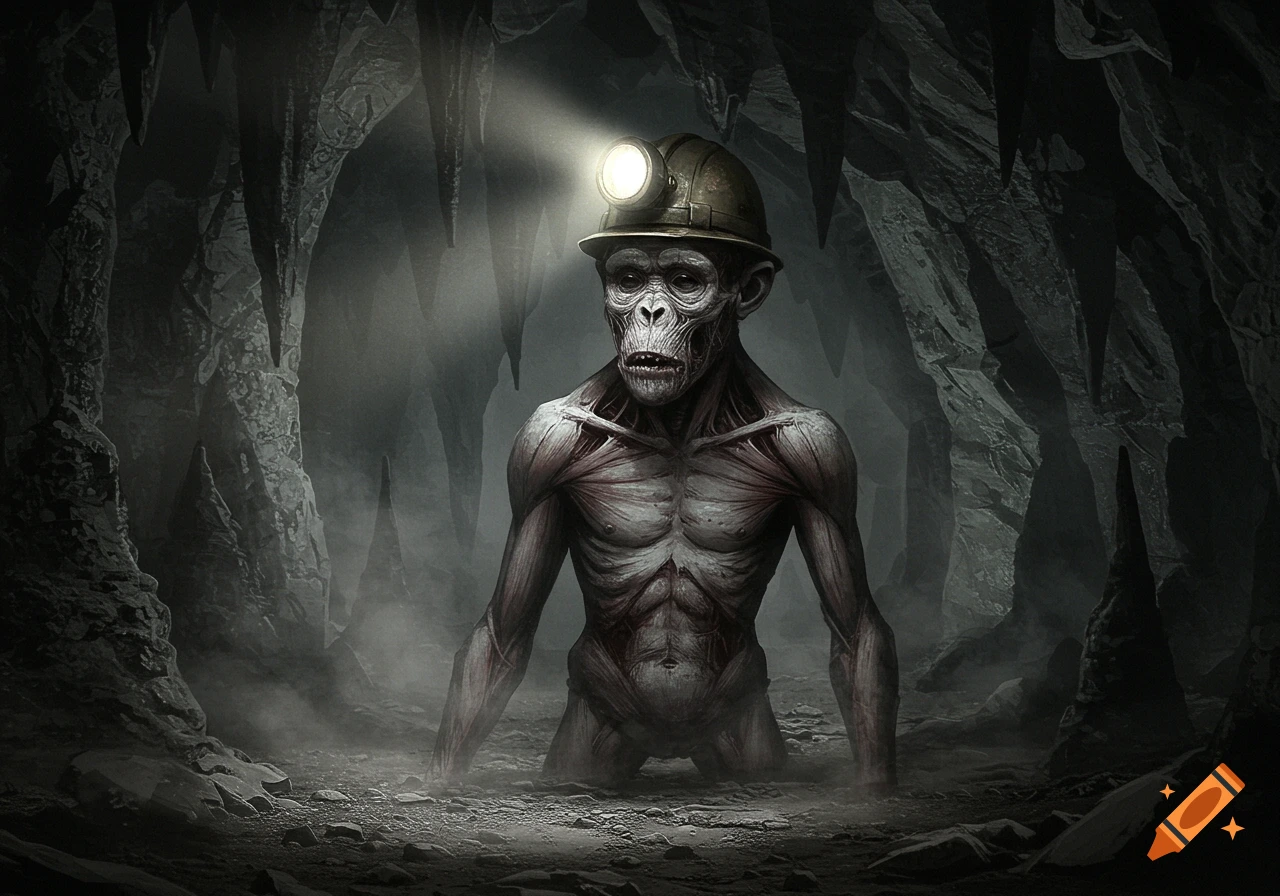 A grotesque, emaciated, monkey-like monster with dark, sunken eyes and exposed musculature, wearing a miner's helmet with a lit lamp, in a dark, misty cave.