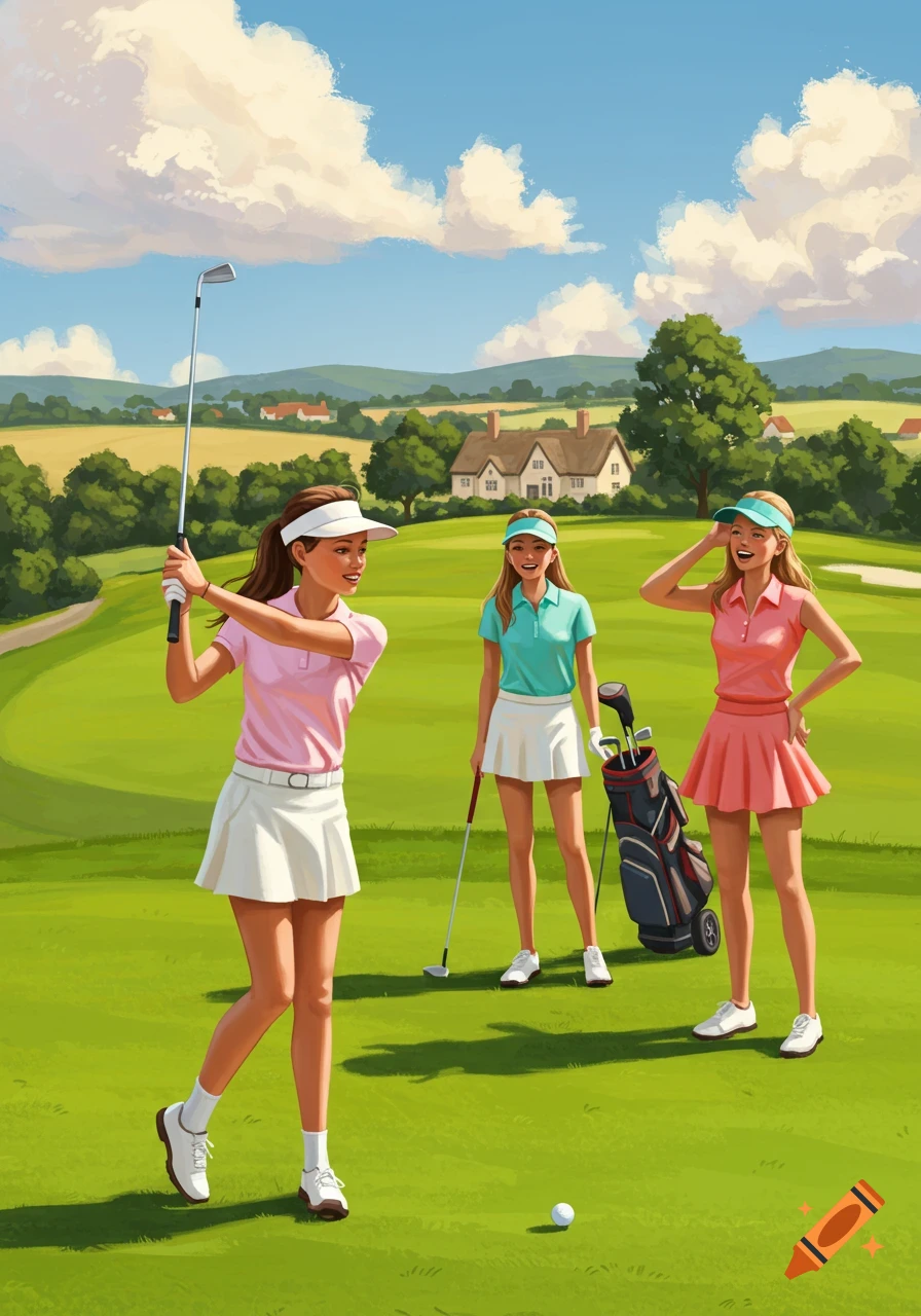 Illustration of three smiling women golfing on a sunny course with a house and hills in the background.