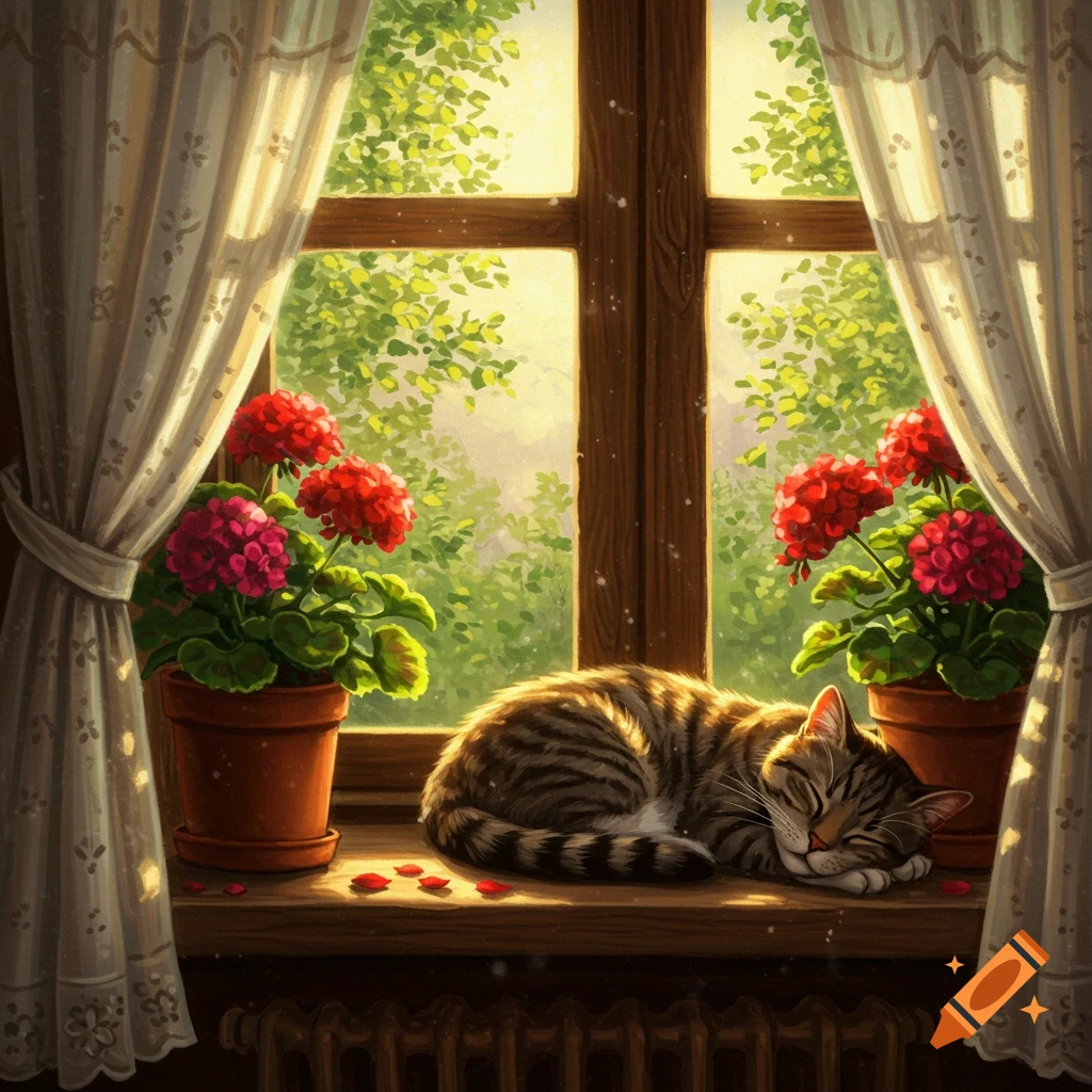 An illustrated tabby cat sleeps on a sunny window sill, surrounded by red flowers and white curtains, with green foliage outside.