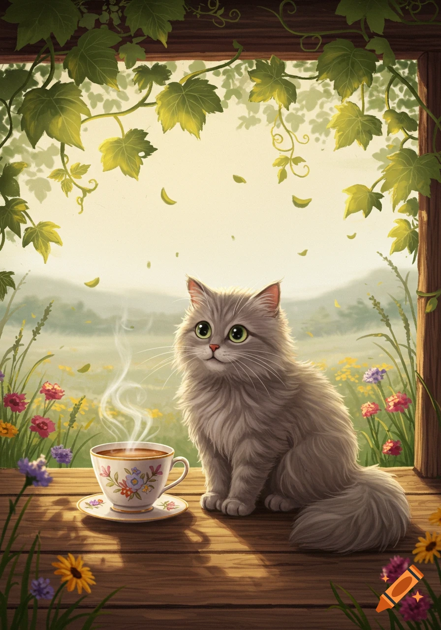 An illustration of a fluffy gray cat with green eyes sitting next to a steaming teacup on a wooden surface, surrounded by flowers and vines.