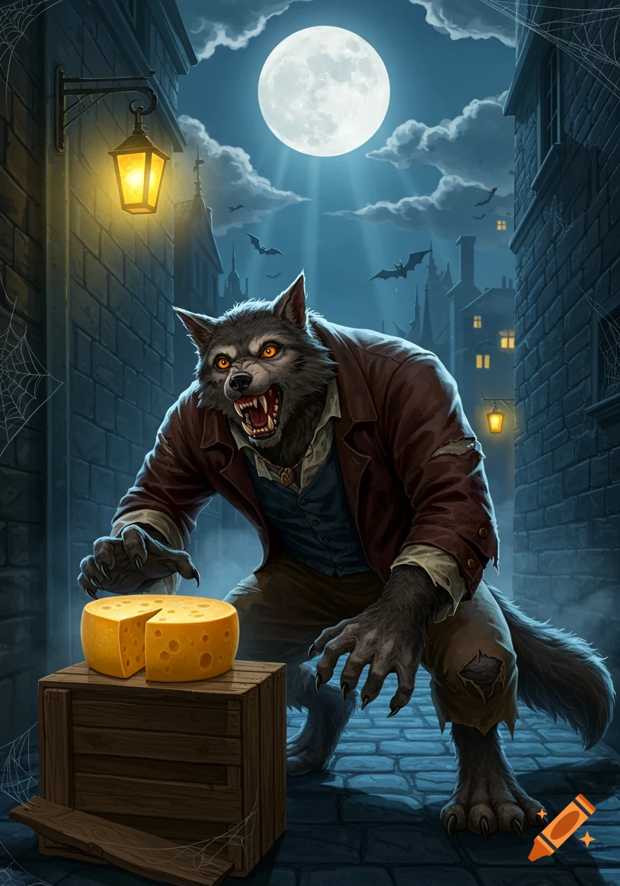 A cartoonish werewolf with glowing eyes reaches for a wheel of cheese on a wooden crate in a dark, moonlit alley with bats.