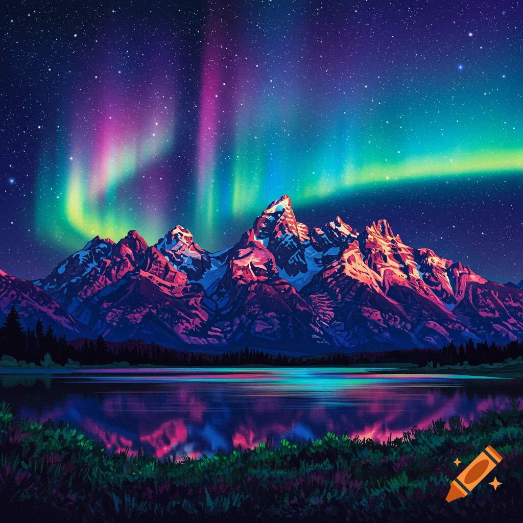 A vibrant, stylized night landscape features purple and green aurora borealis over pink and blue mountains reflecting in a calm lake.