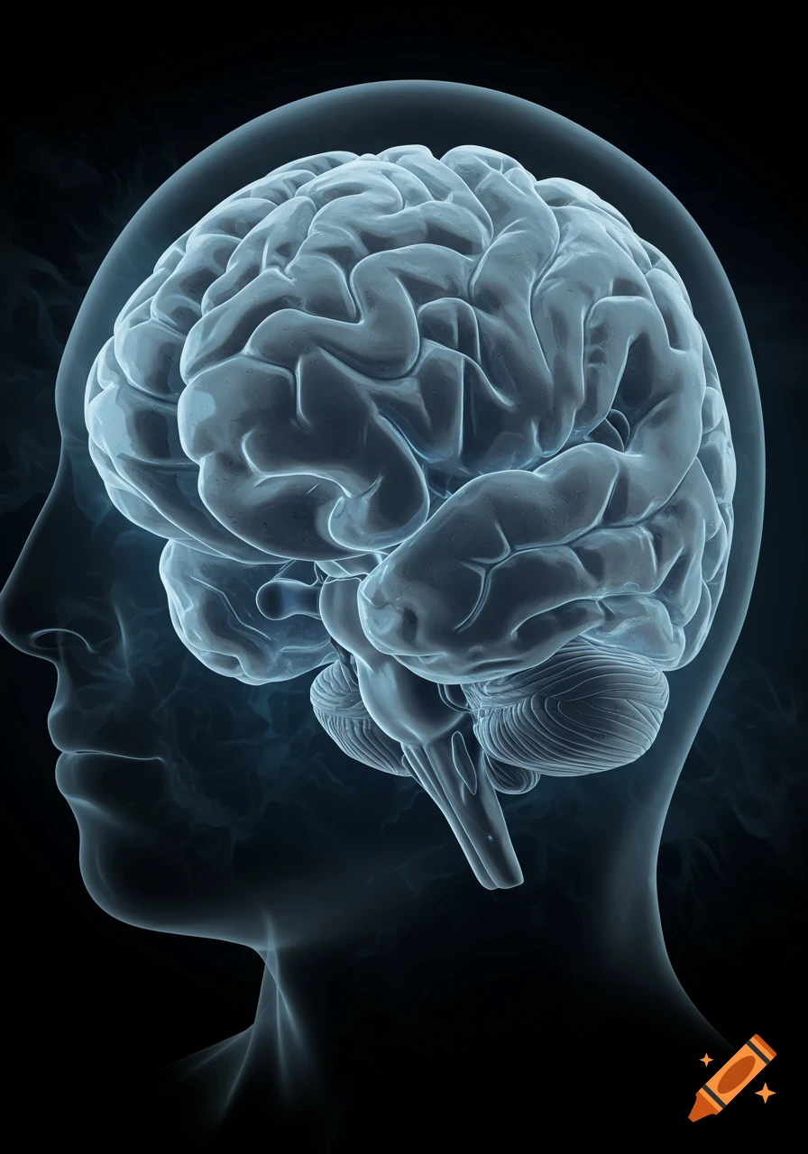 A 3D translucent rendering of a human brain inside a head silhouette, viewed in profile against a dark background.