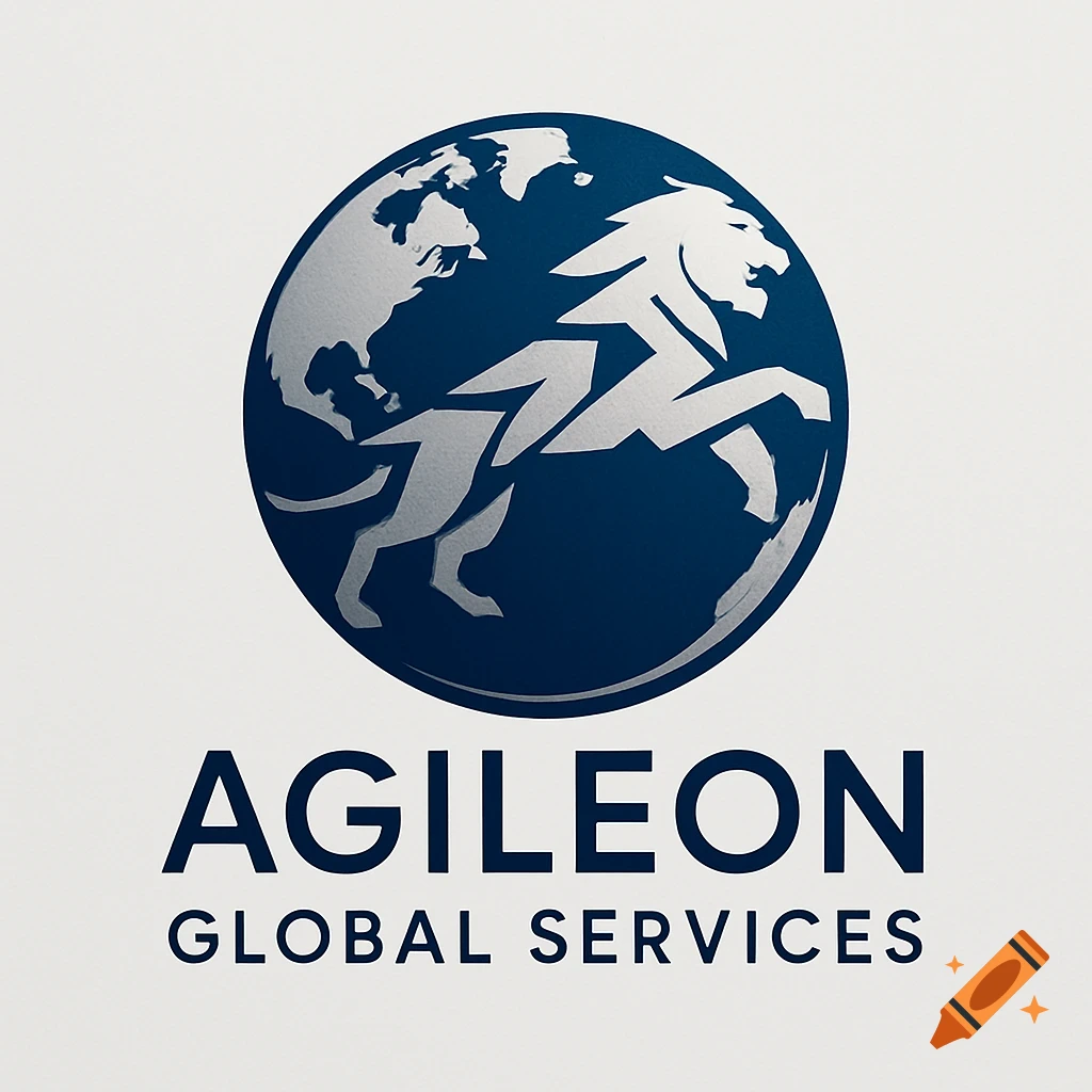 Corporate logo featuring a stylized silver lion on a blue globe above 'AGILEON GLOBAL SERVICES' text.