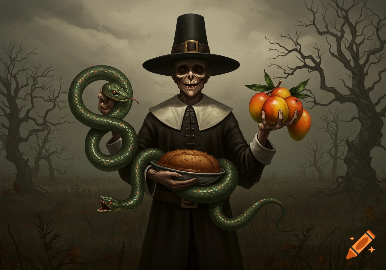 A creepy skeletal pilgrim in a dark hat and coat holds a snake, bread, and mangoes in a desolate, misty landscape.