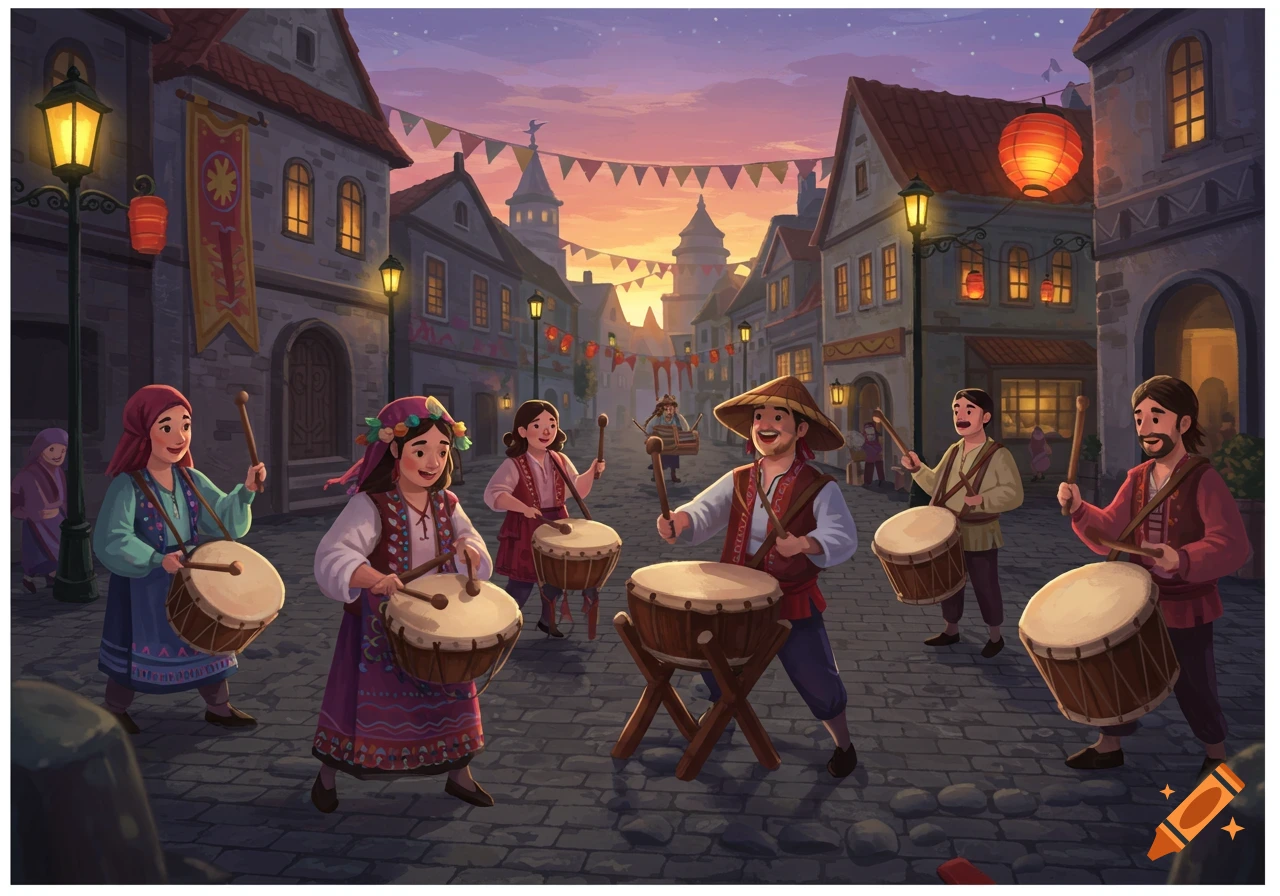 Illustrated scene of people in traditional clothes playing drums on a cobblestone village street at dusk with festive banners.