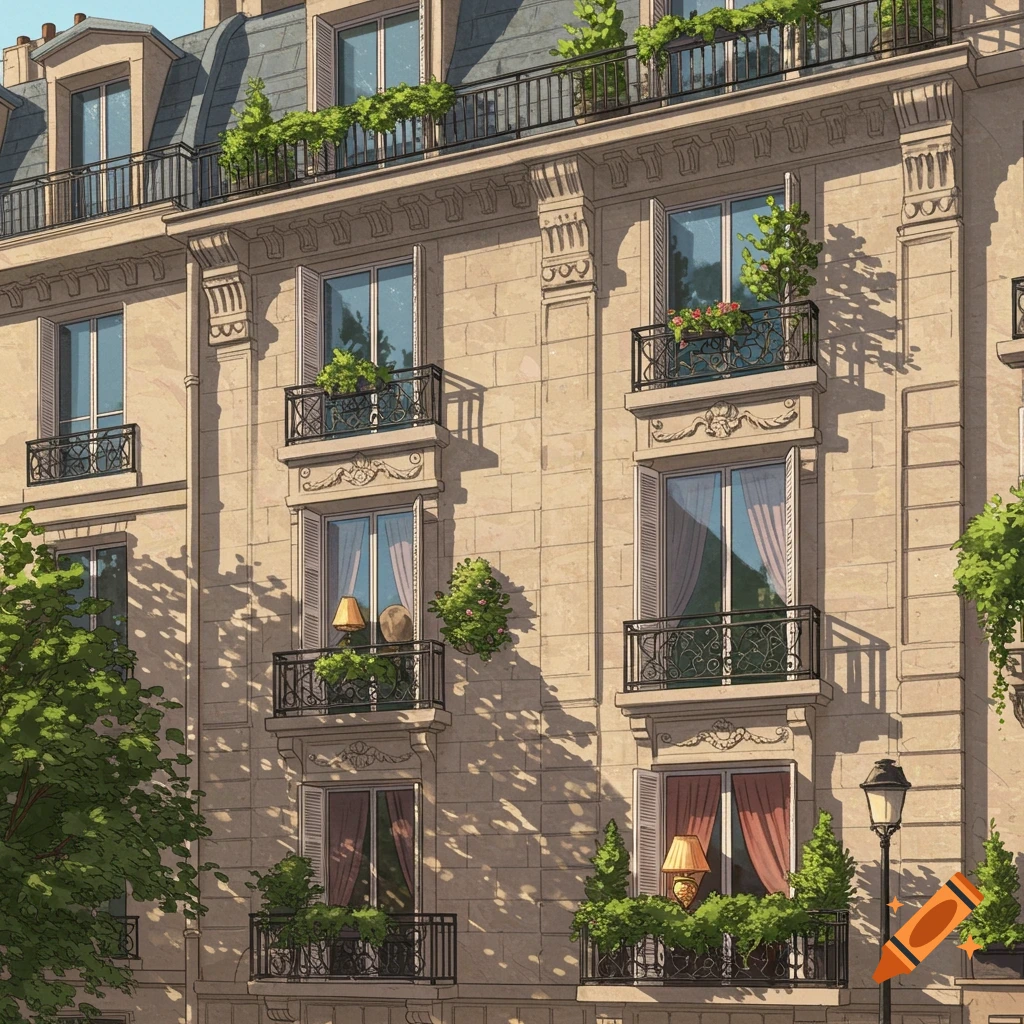 Stylized illustration of a classic Parisian building facade with ornate balconies, windows, and lush greenery under a clear sky.