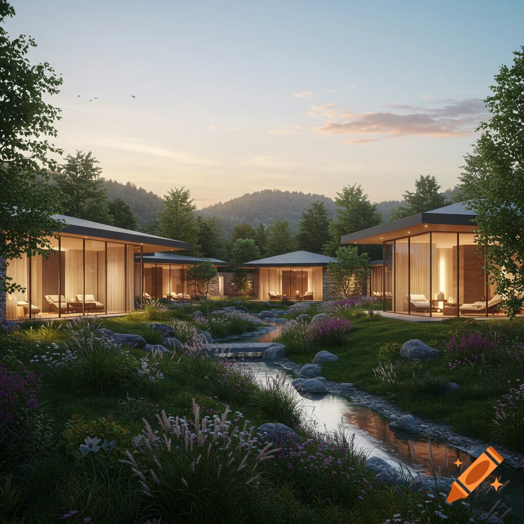 Photorealistic image of modern glass cabins nestled in a lush green landscape with a winding stream and flowering plants at dusk.