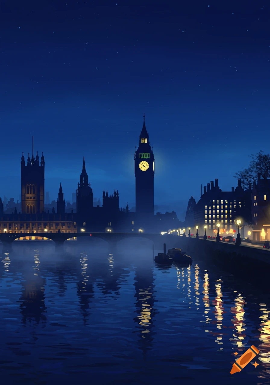 Stylized illustration of London's Big Ben and Houses of Parliament along the Thames at night, bathed in blue light with reflections on the water.