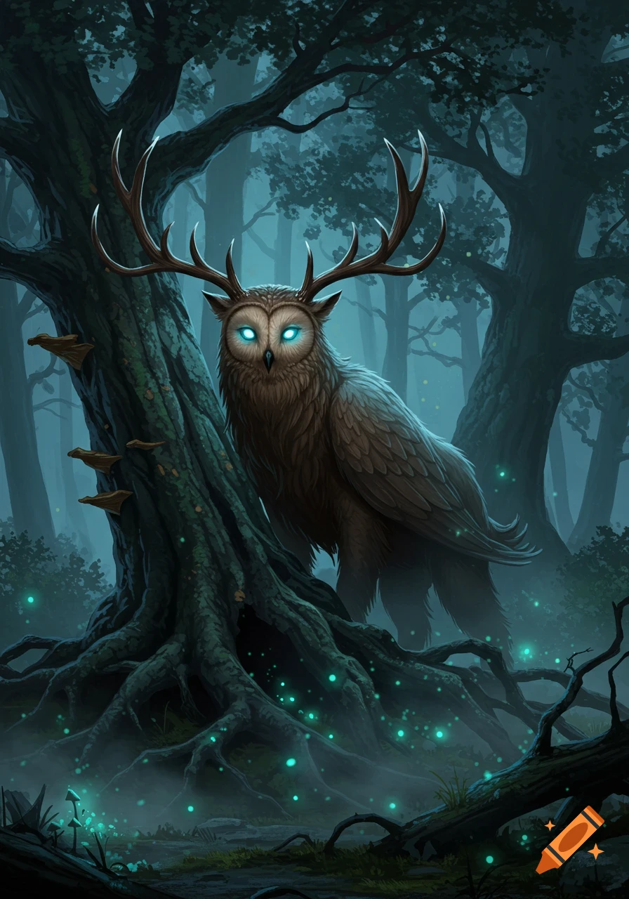 A large, horned owl-like mythical beast with glowing blue eyes stands in a dark, misty forest with glowing blue particles, digital fantasy art.