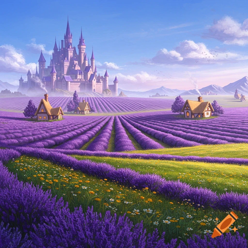 A beautiful illustrated fantasy landscape with a grand purple castle overlooking vast lavender fields and quaint cottages under a clear sky.