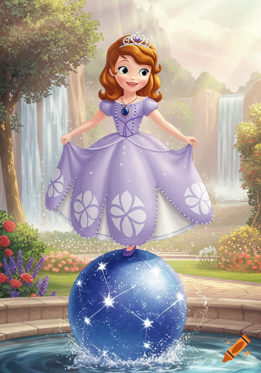 Cartoon princess Sofia the First balances on a glowing blue orb in a magical garden with waterfalls and flowers.