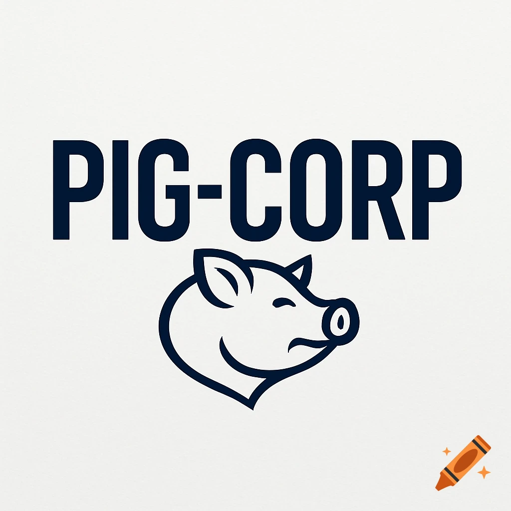 A minimalist blue and white logo for 'PIG-CORP' featuring a stylized pig's head.
