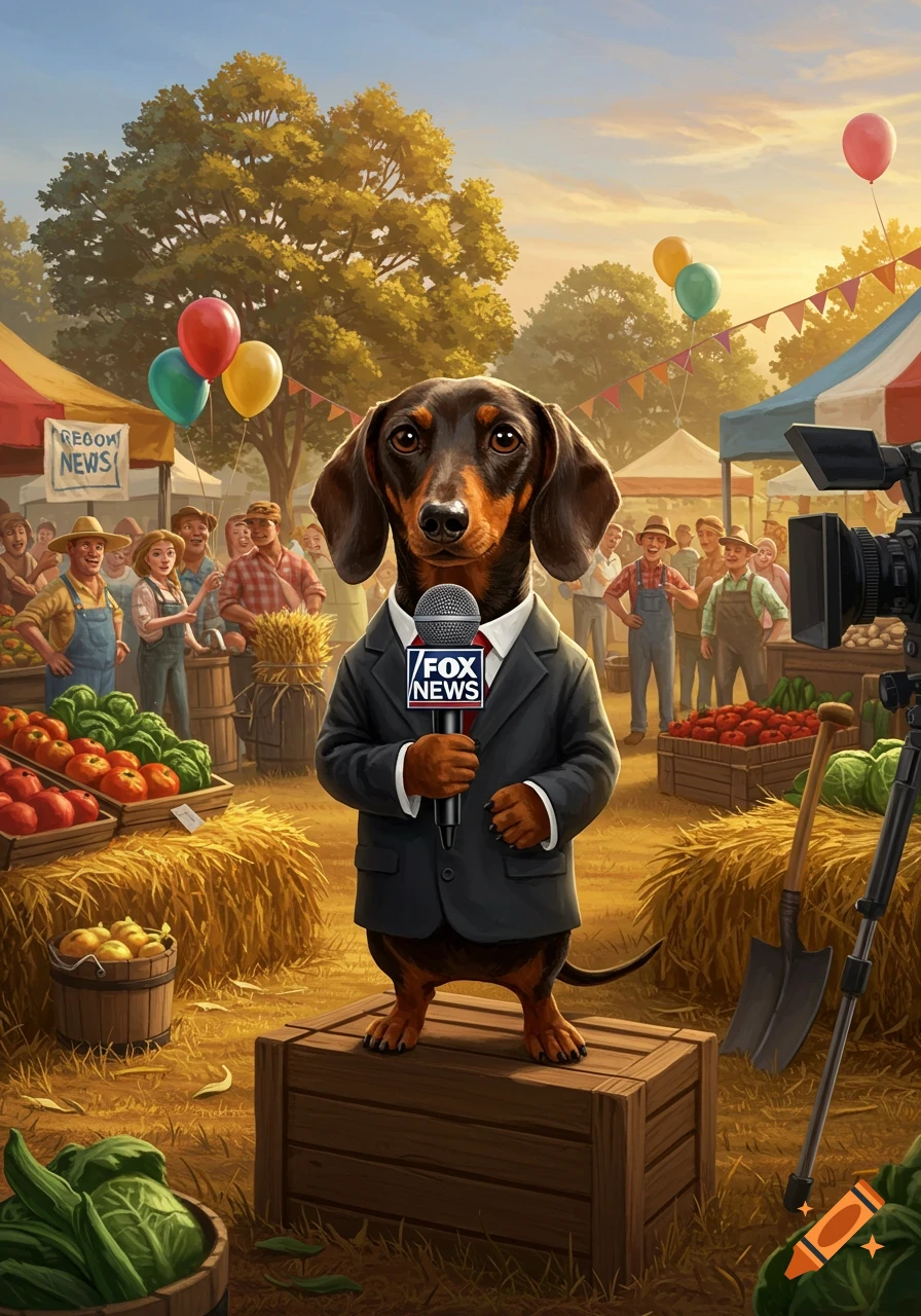 A cartoon-style dachshund wearing a suit stands on a crate, holding a microphone with a "FOX NEWS" flag, reporting at a bustling agriculture festival. A tent in the background has a sign that reads "REGDOM NEWS".