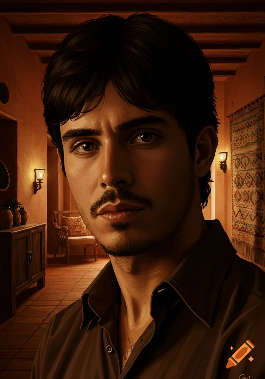 Close-up realistic portrait of a man with dark hair and a mustache in a dimly lit room with a tapestry.