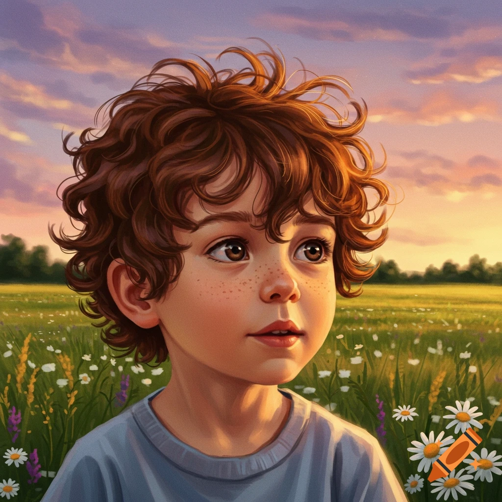 Illustrated portrait of a young boy with curly brown hair and freckles, looking up in a field of daisies at sunset.