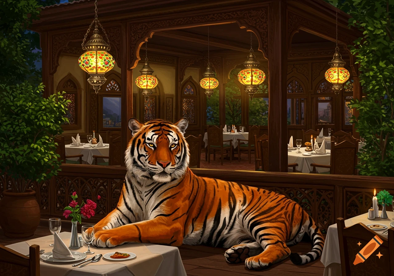 A large tiger lies on a dining table in an ornate, dimly lit Turkish-style restaurant with mosaic lanterns.