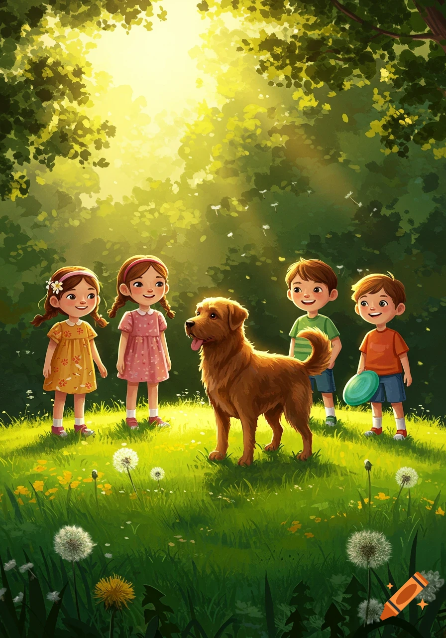 Vibrant digital illustration of four smiling children and a brown dog standing in a sunny, grassy forest with dandelions.