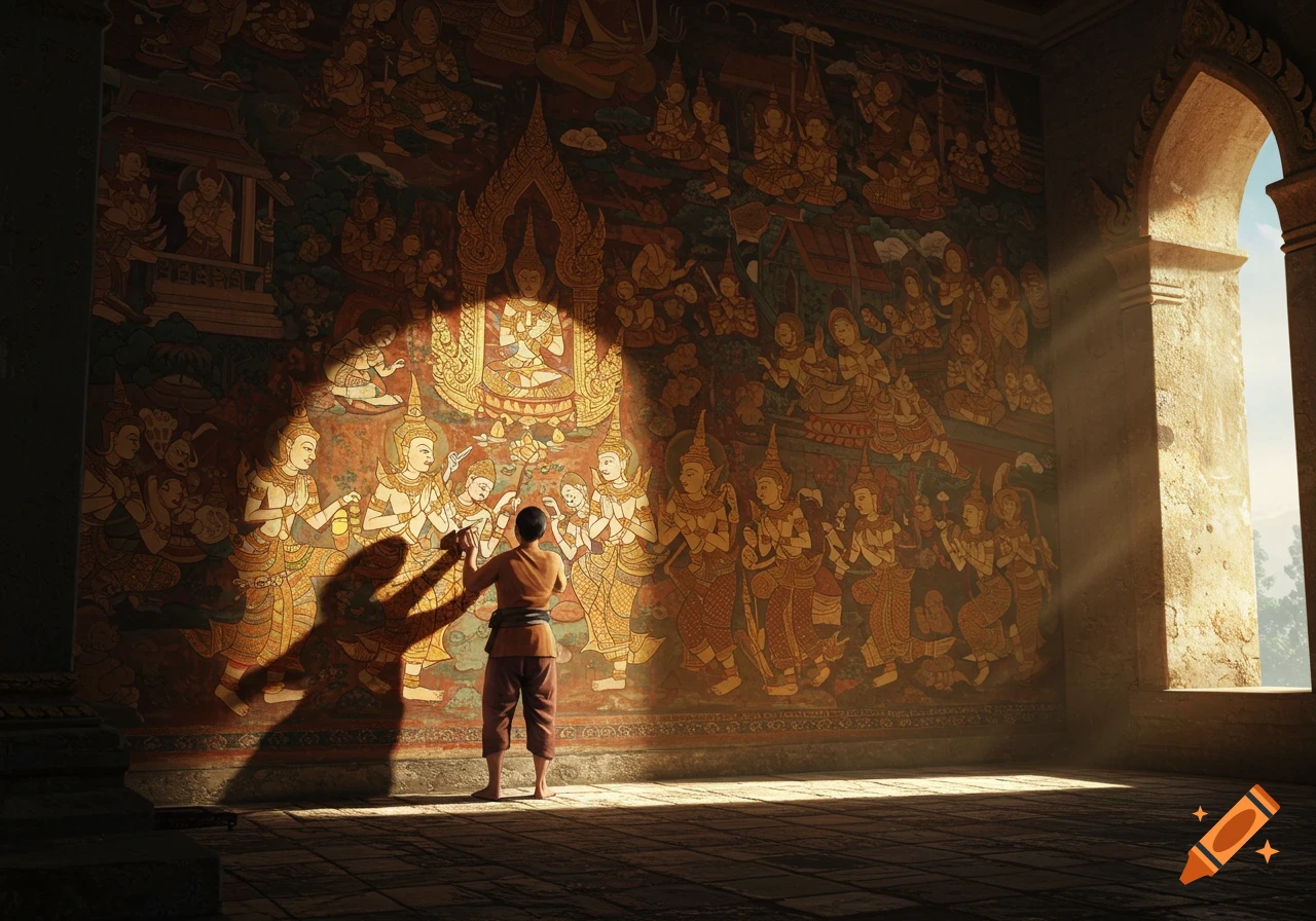 A man paints a vibrant, ancient Thai Buddhist mural inside a temple, illuminated by sun rays from a window.