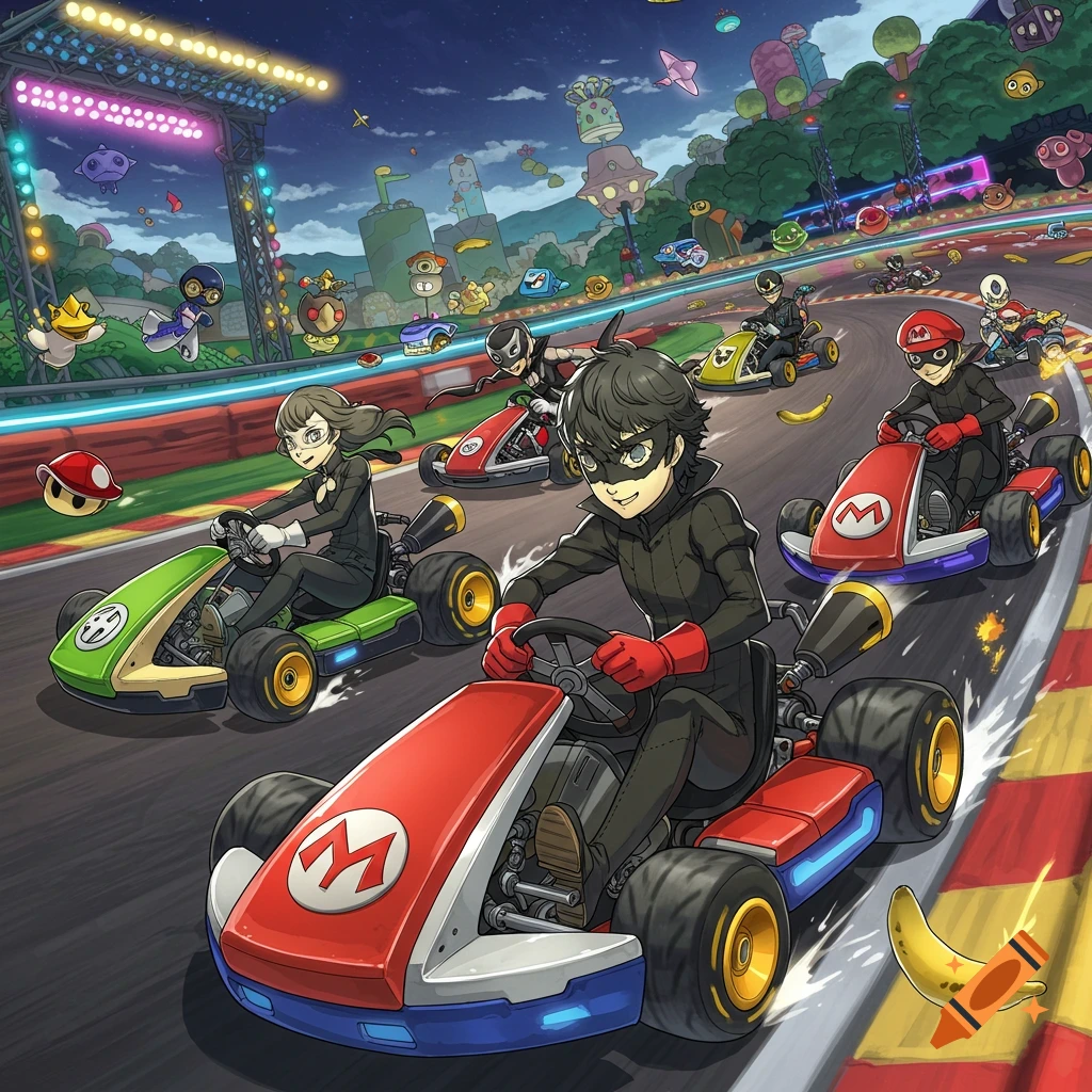 Joker and Phantom Thieves race Mario Kart-style in colorful go-karts on a vibrant track, anime art.