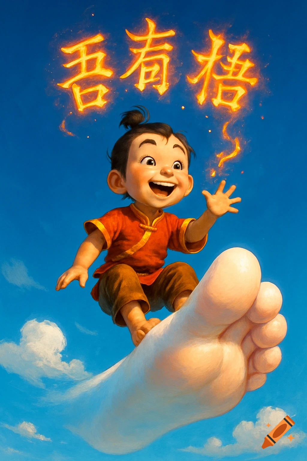 Vibrant illustration of a happy Chinese boy flying on a giant white toe in a bright blue sky, with glowing orange Chinese characters floating above his head.