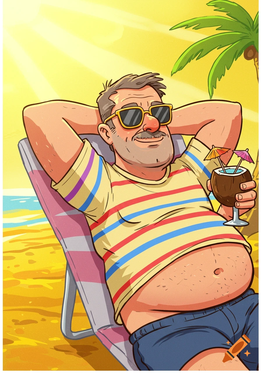 Cartoon man with a belly and sunglasses relaxing on a sunbed on a sunny beach, holding a coconut drink.