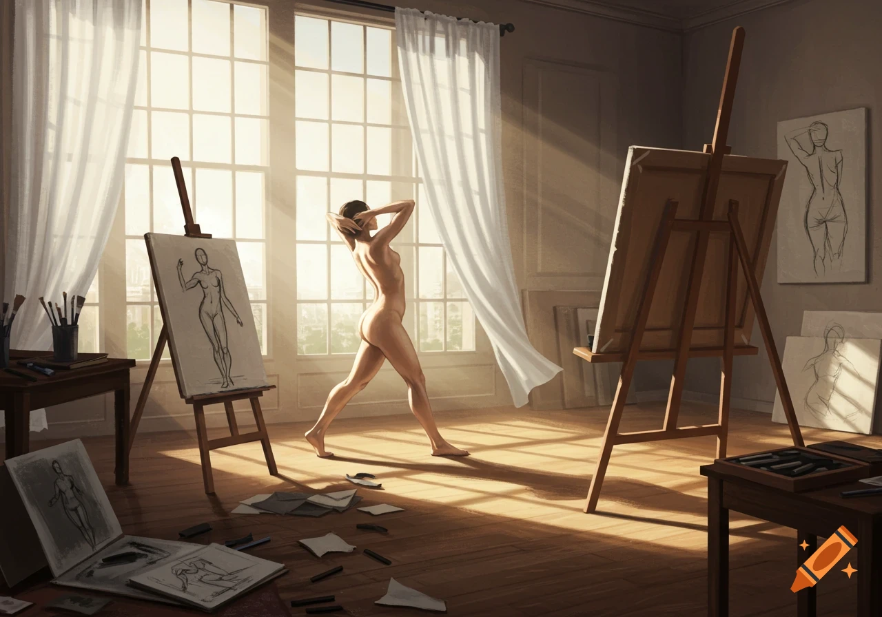 A nude female model poses in a sunlit art studio, with easels and figure sketches scattered around, in a realistic digital painting style.