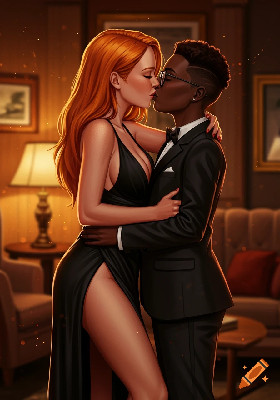 Digital illustration of a redhead woman in a black dress kissing her girlfriend in a tuxedo in an elegant room.