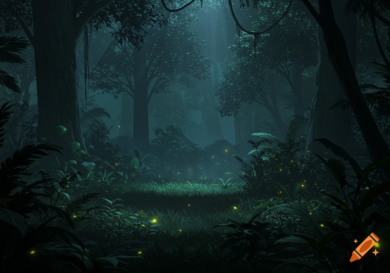 Dark, atmospheric jungle forest clearing at night with glowing fireflies and light beams filtering through the canopy.