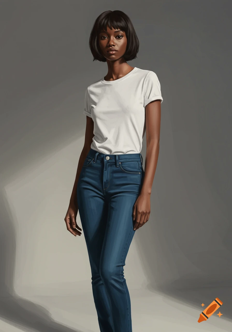 A young Black woman with short dark hair, wearing a white t-shirt and blue jeans, stands facing forward against a gray background in a photorealistic style.