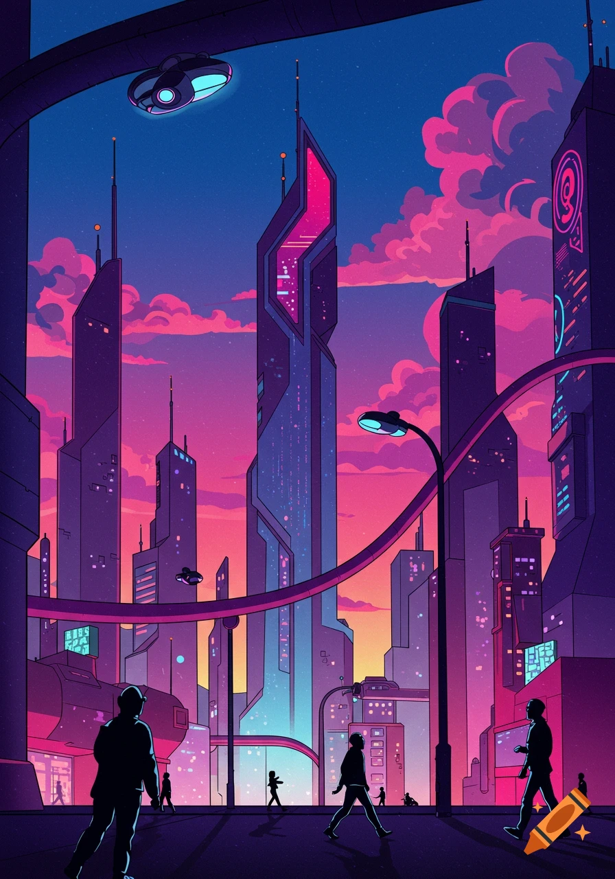 Vibrant 2D futuristic cityscape at dusk with neon-lit skyscrapers, a flying vehicle, and silhouetted people walking on the street.