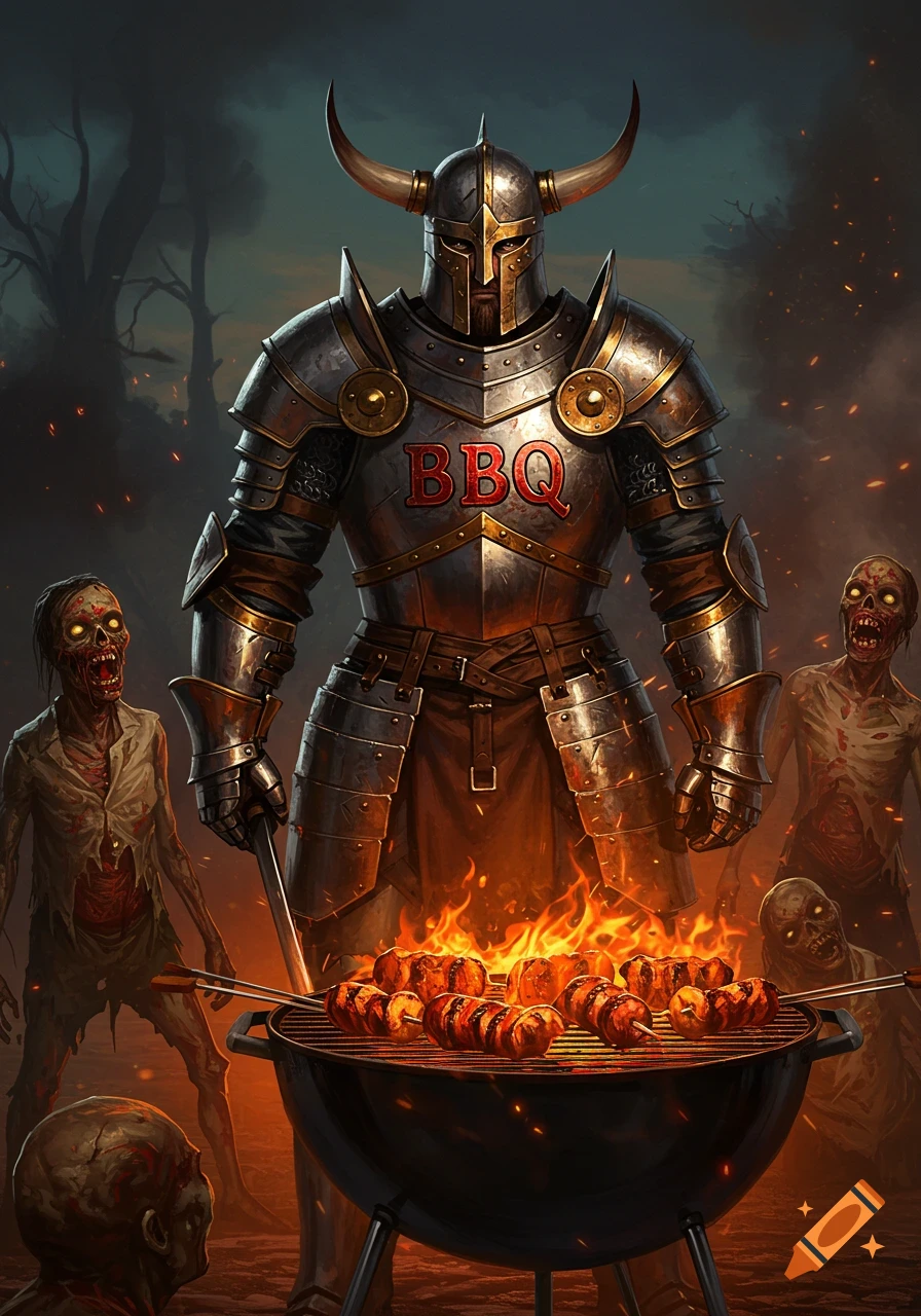 A horned, armored warrior grills skewers of what appear to be zombies on a BBQ, surrounded by other zombies in a dark, fiery landscape. Text on armor reads "BBQ".