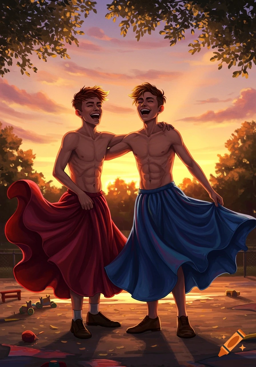 Two young men in flowing red and blue skirts, bare-chested and laughing, embrace at sunset in an illustrative style.