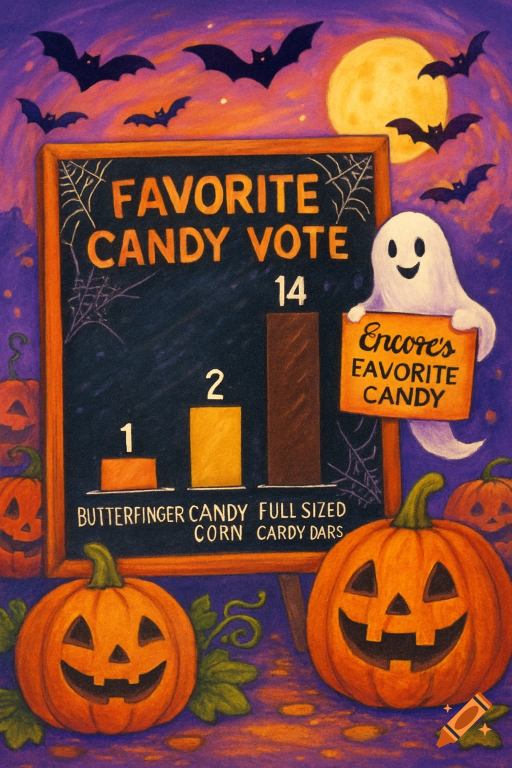 A colorful Halloween illustration with pumpkins, bats, a ghost holding a 'Favorite Candy' sign, and a chalkboard graph showing candy votes.