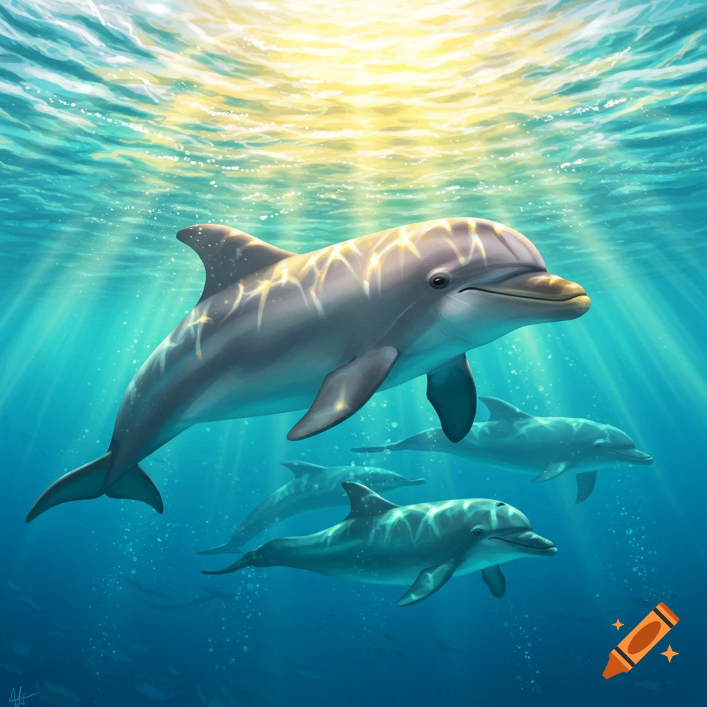 A group of dolphins swims gracefully underwater with sunlight streaming down from the surface, digital painting.