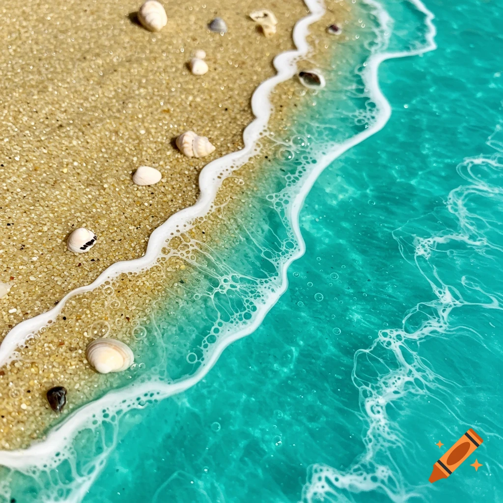 Close-up of a vibrant resin art beach scene with golden sand, seashells, and foamy turquoise water.