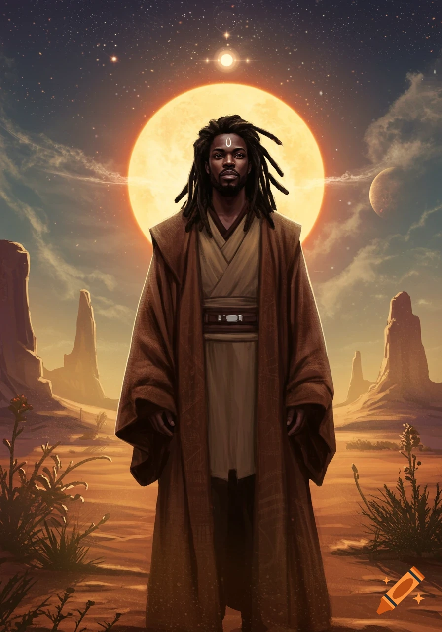 A black man with dreadlocks in a brown robe stands in a desert under a starry sky with a large orange sun and distant planet.