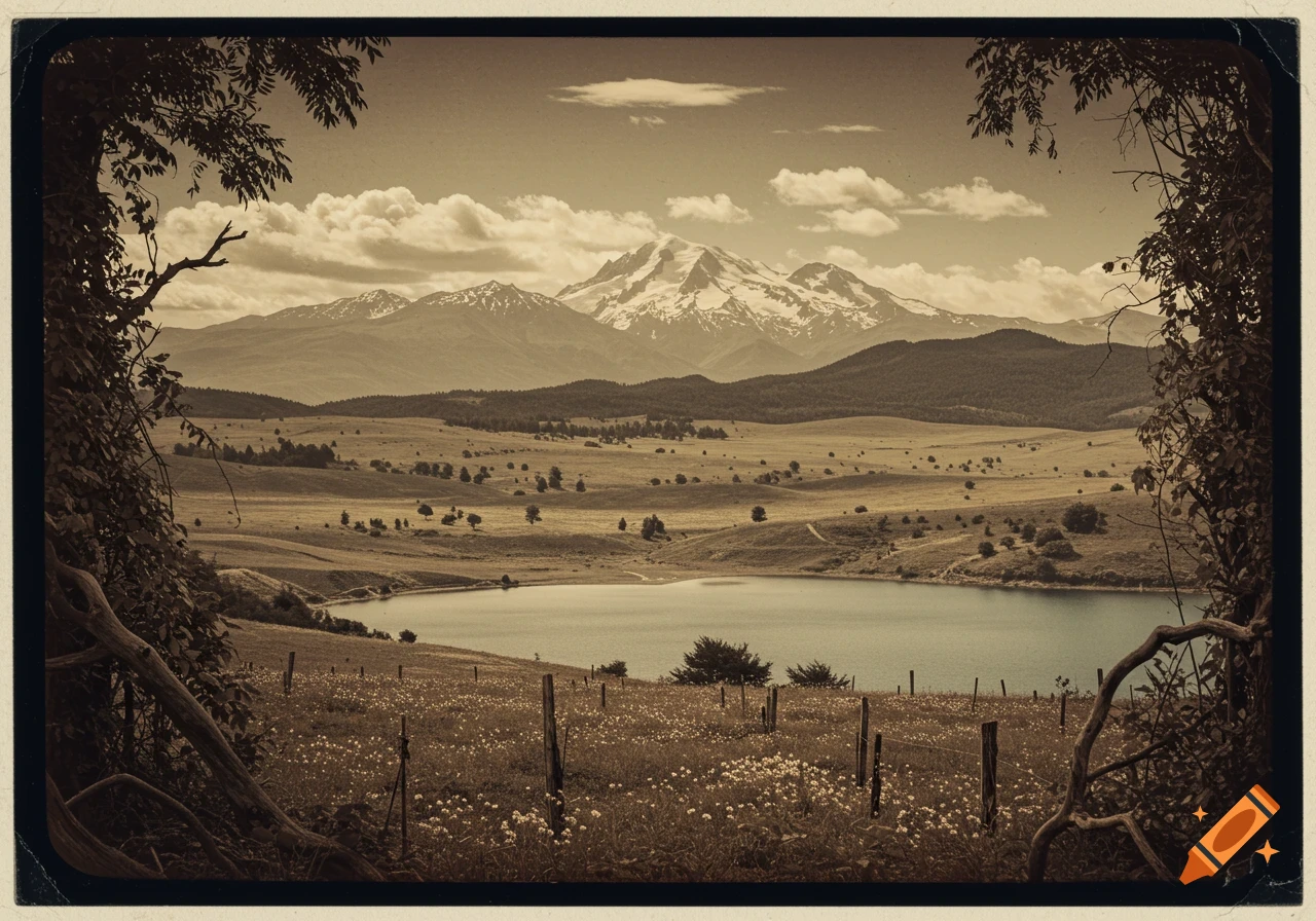 A sepia-toned vintage photo shows a lake in a wide field with white flowers, framed by trees, leading to snow-capped mountains under a cloudy sky.