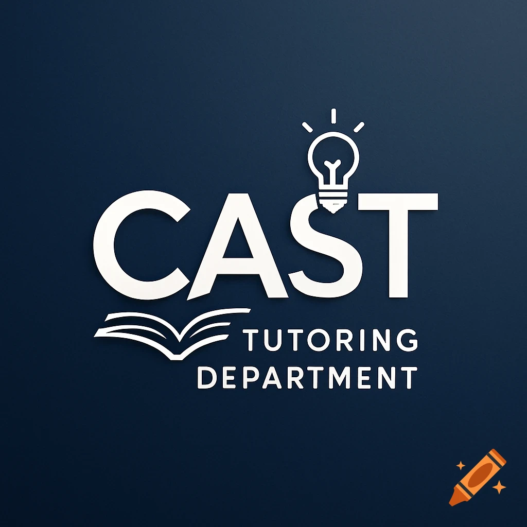 Logo for CAST Tutoring Department featuring a white lightbulb icon above the 'T' and an open book below 'CAS', all on a dark blue background.
