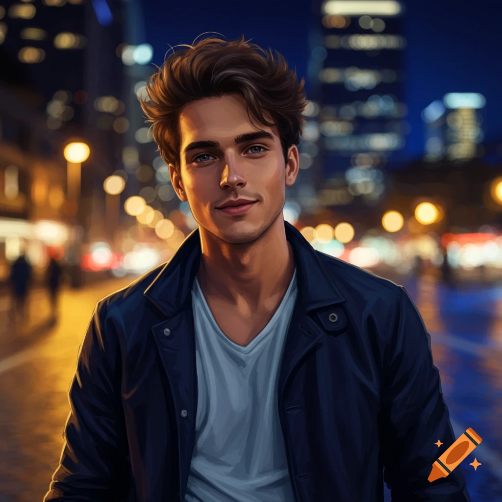 Stylized digital art portrait of a young man with dark hair and blue eyes, wearing a jacket, on a city street at night with blurred lights.