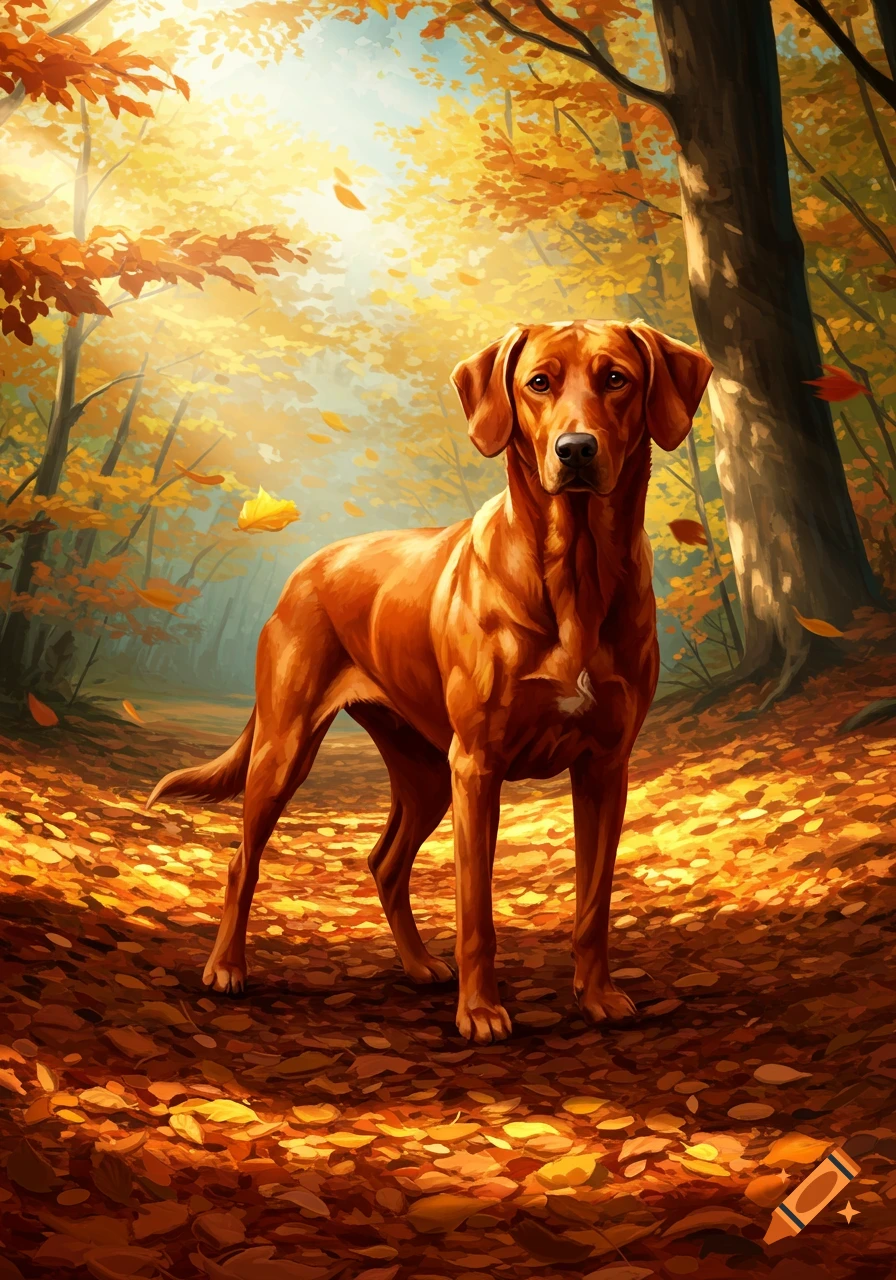 A reddish-brown dog stands in an autumn forest with golden leaves covering the ground and trees, in an illustrative style.