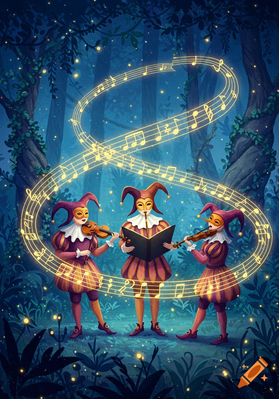 Masked jesters play violins and read music in a magical, glowing forest illustration.