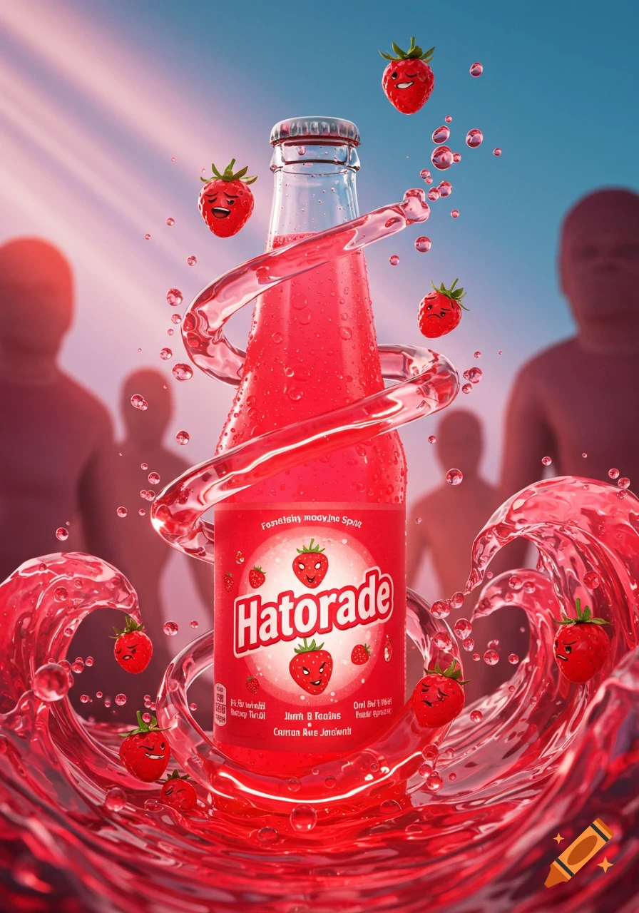 A vibrant red bottle of "Hatorade" soda with cartoon strawberries and a liquid splash, set against a blurred background of human silhouettes, rendered in a photorealistic style.