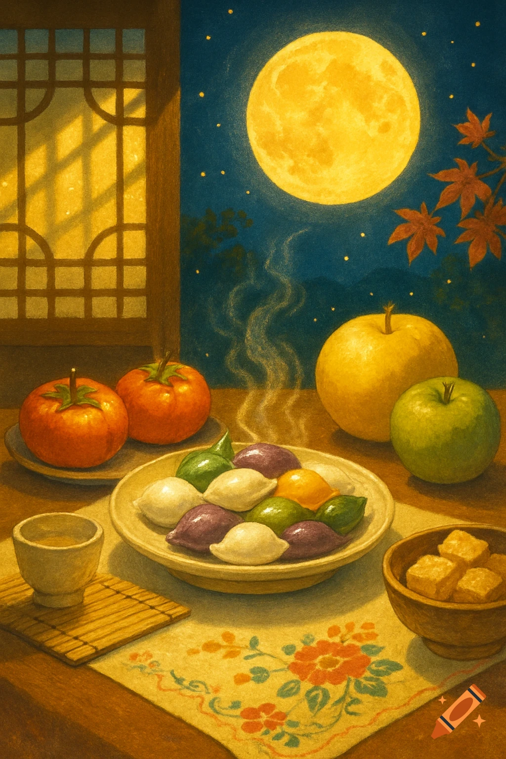 An illustration of a Chuseok table setting at night, featuring steaming Songpyeon rice cakes, persimmons, apples, and tea, with a full moon visible through a window.