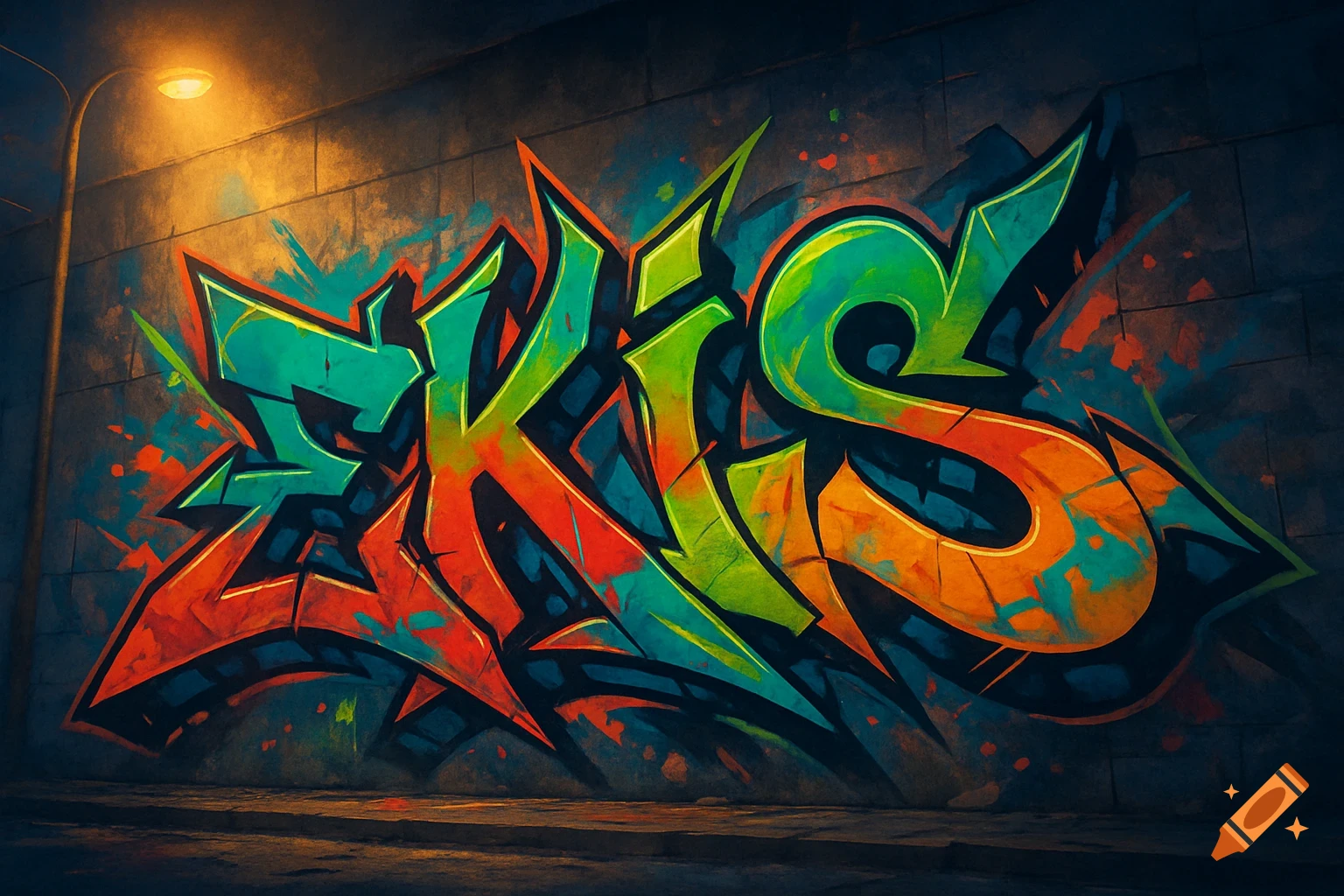 Vibrant wild style graffiti spelling 'EKIS' on a dark brick wall at night, illuminated by a street light.