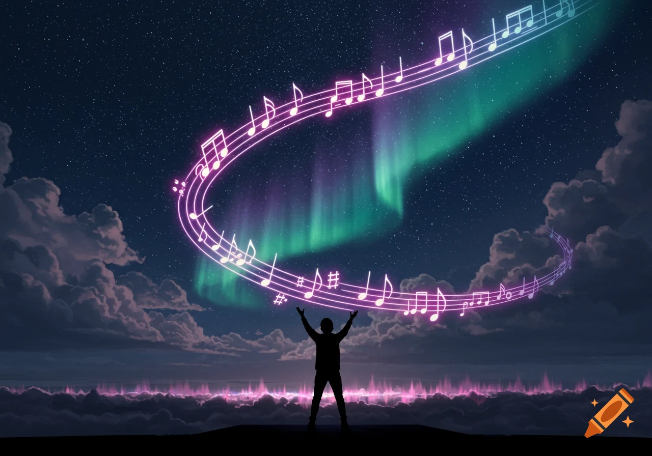 A silhouetted person with arms raised looks up at a vibrant green and purple aurora borealis and glowing pink musical notes spiraling above them in a starry night sky with clouds.