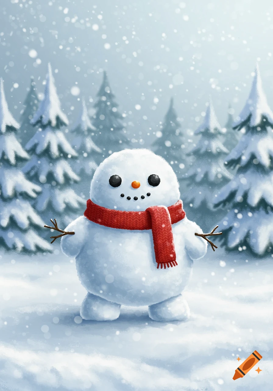 A cute, fluffy snowman with a red scarf stands in a snowy forest with pine trees, as snow gently falls, in an illustration.