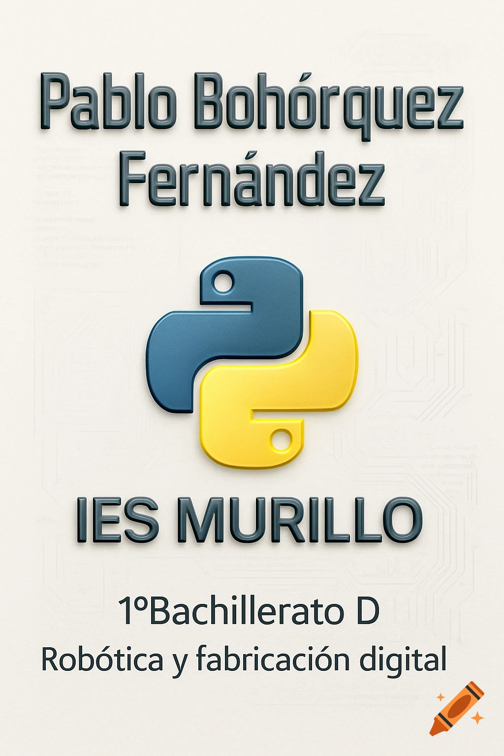 A cover design with 3D text 'Pablo Bohórquez Fernández', 'IES MURILLO', '1ºBachillerato D', 'Robótica y fabricación digital', and a Python logo on a light background.